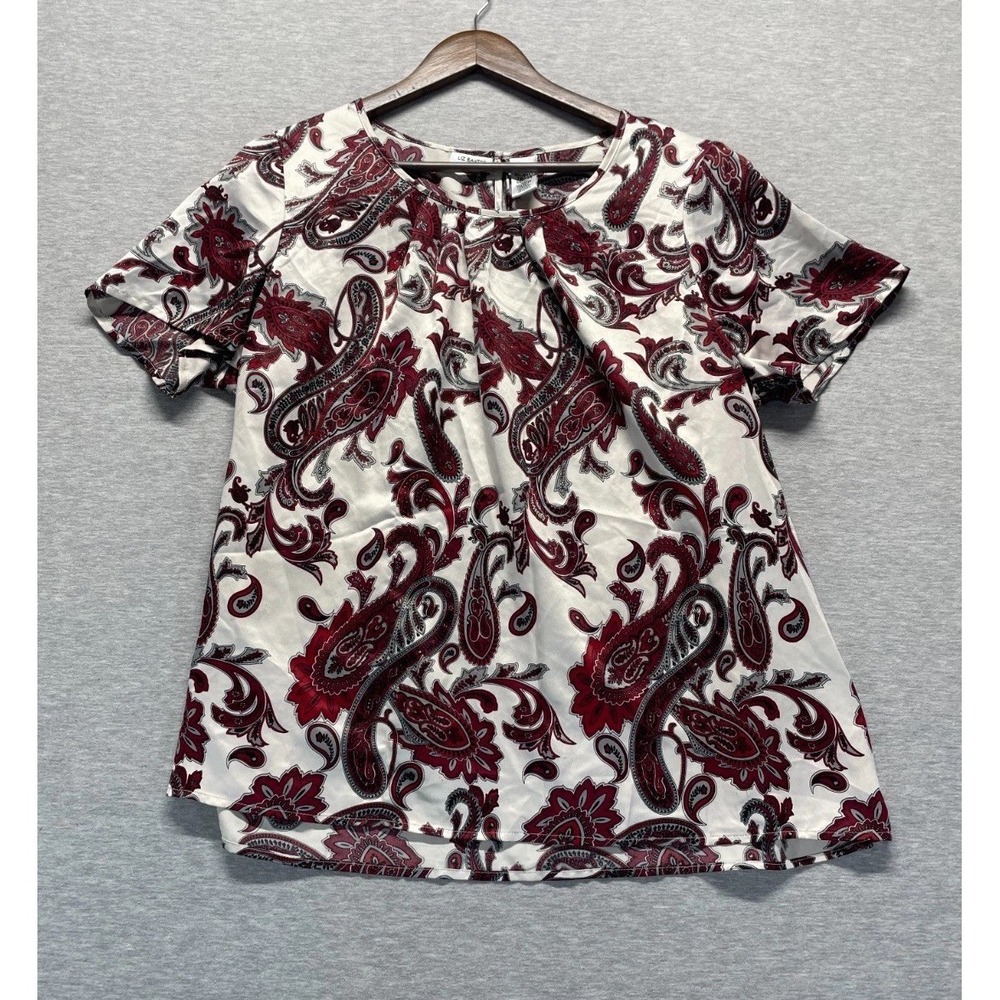 Liz Baker Blouse Top Womens 18W Burgundy Cream Paisley Print Gathered Crew Neck